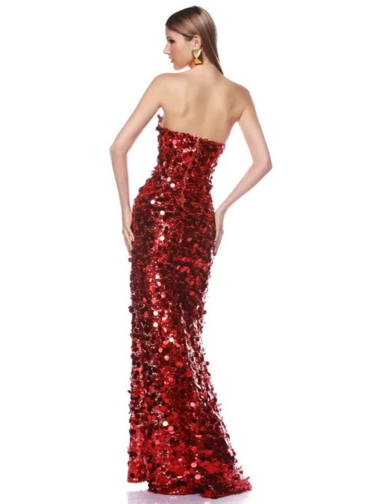 Elegant formal sequin gown styled with minimalist accessories