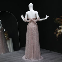 The full length of the elegant A-line formal dress, styled for a wedding or gala.