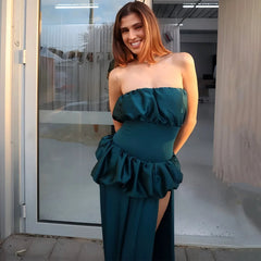 Floor-length elegant green evening gown with ruffle detailing