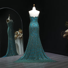 The back view of the elegant mermaid dress, highlighting the flattering silhouette and court train.