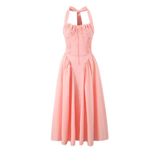 Romantic pink lace cocktail midi dress with bow neckline