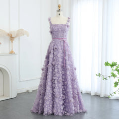 An elegant lavender dress styled for a formal event, showing its fluid drape.

