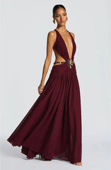 Side view of high-slit A-line evening dress