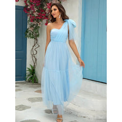 One-shoulder evening dress styled with ruffles and gauze