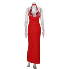 The back view of the dress, showing the elegant backless design.