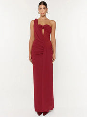 Elegant red maxi dress with thigh-high split