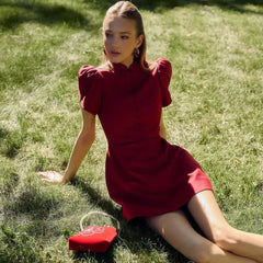 Summer red mini dress with bubble sleeves