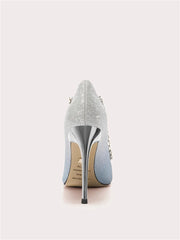 Back view of rhinestone pearl embellished mesh heels