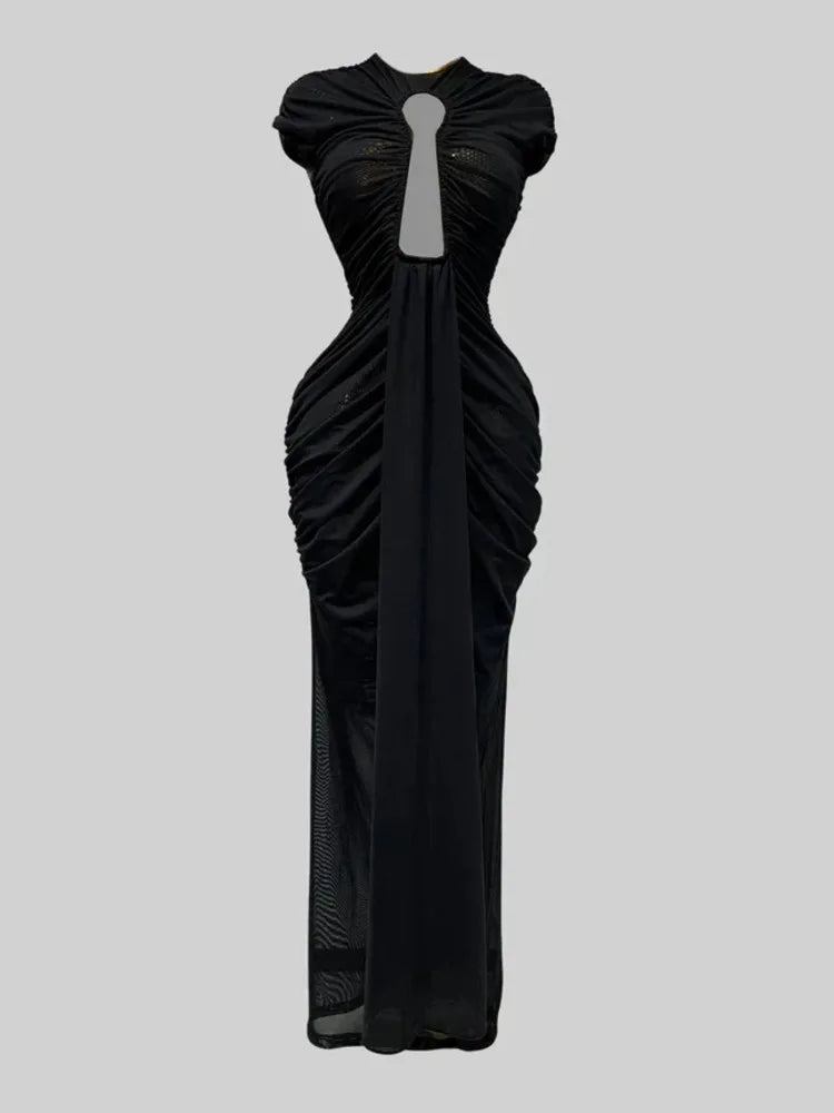 Front view of a slim ruched maxi dress with a round neckline