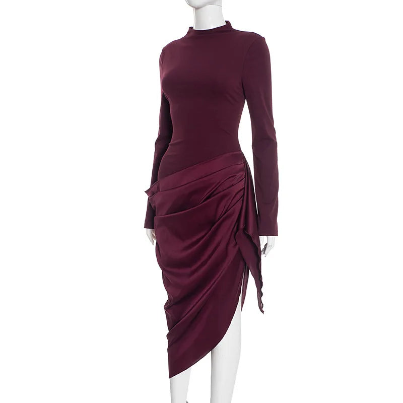 Elegant high neck midi dress with wrap drape and slit effect