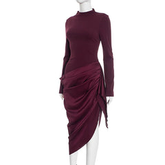 Elegant high neck midi dress with wrap drape and slit effect