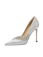 Close-up of rhinestone tassel detail on silver wedding heels