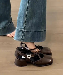 Elegant Mary Jane slingback heels with square toe and buckle strap