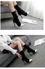 A front view of the elegant high-heel sock boots.