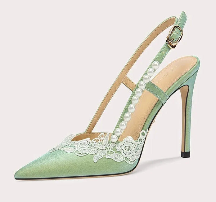 Bridal pearl strap pointed toe heels