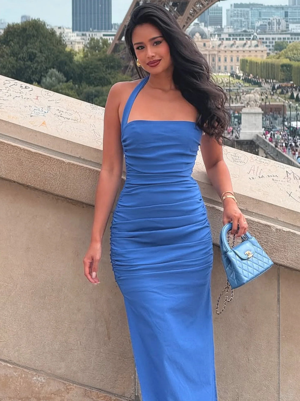 Elegant formal blue dress with halter neck for city events