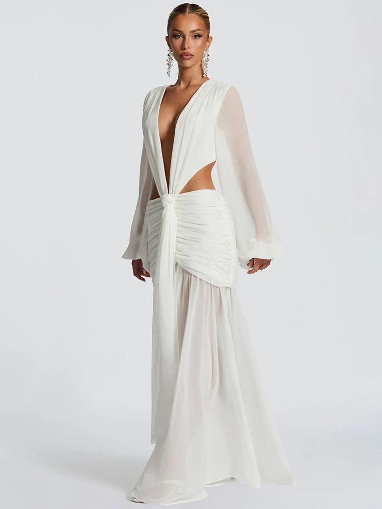 Woman wearing an elegant formal dress for sunset events and rooftop soirées on a white background