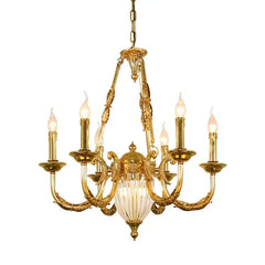 Gold chandelier with six candles on a white background