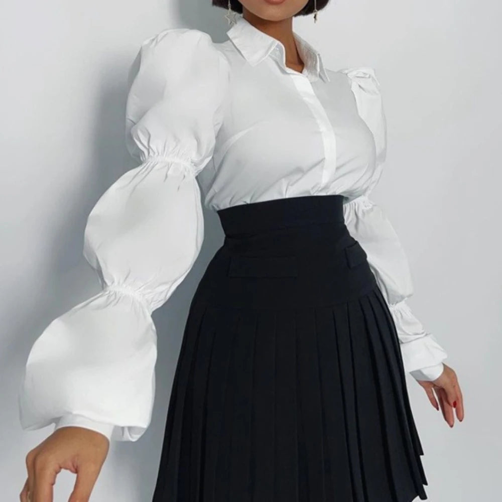 Elegant white office shirt with lapel collar and statement sleeves