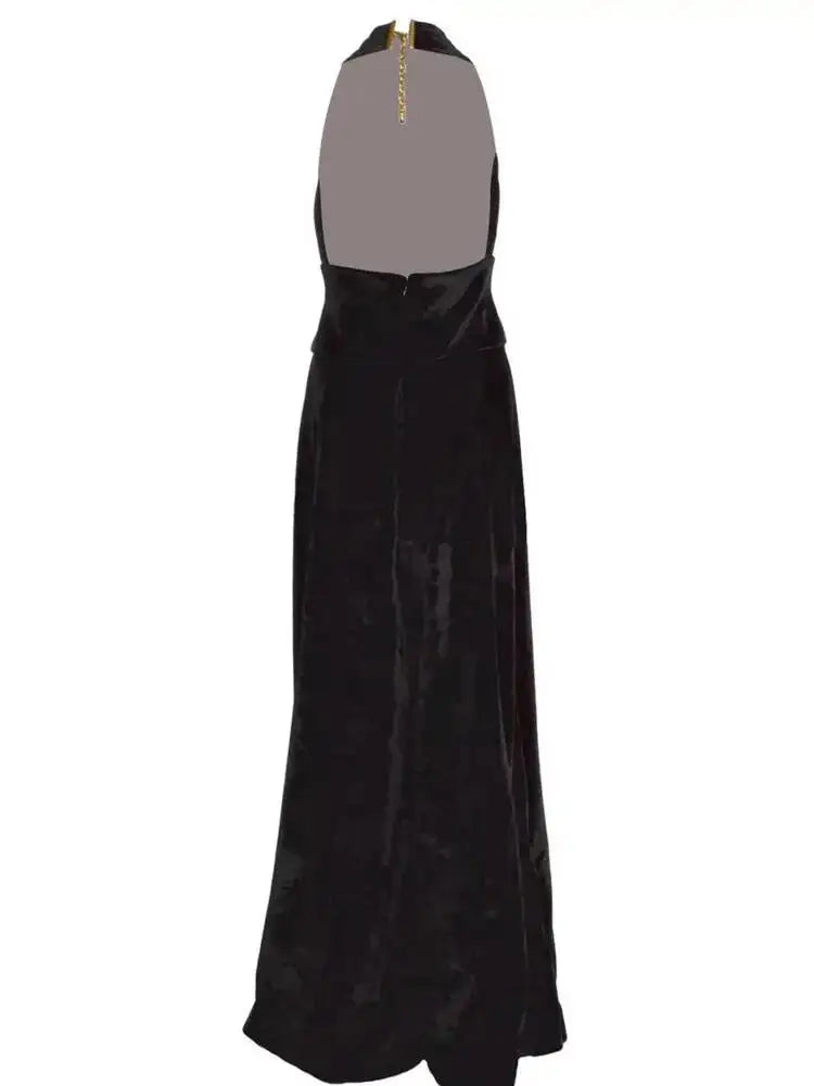 Full-length view of a wide-leg jumpsuit styled for an evening setting