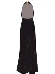 Full-length view of a wide-leg jumpsuit styled for an evening setting