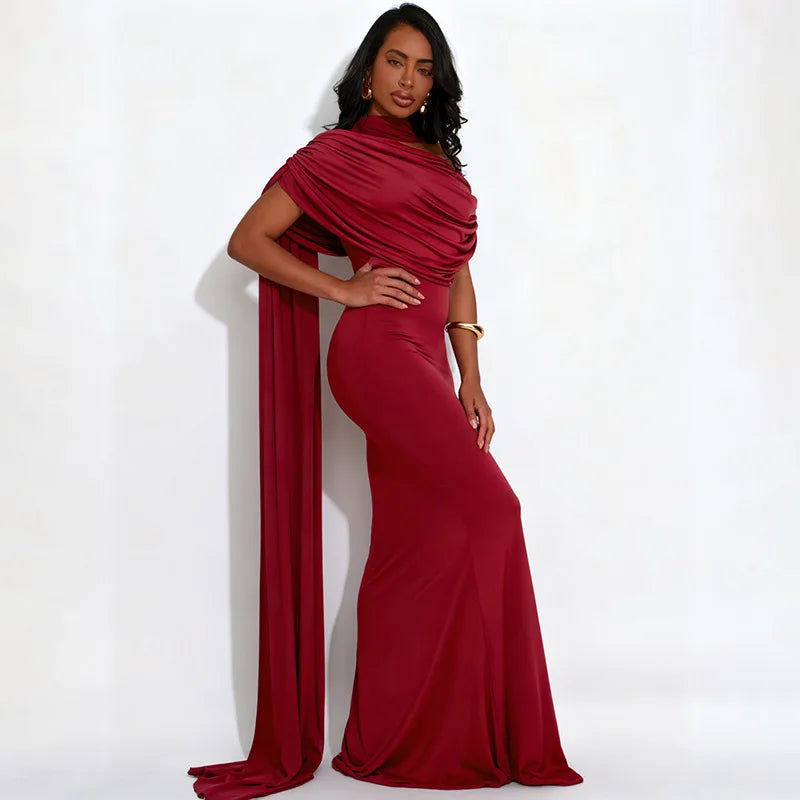 Open-back ankle-length gown with slim silhouette