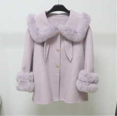 Short wool coat featuring fur collar and cuff design