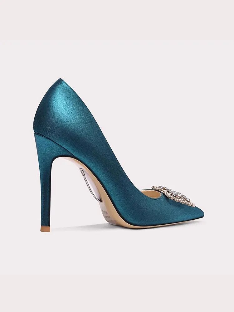 Embellished blue silk high heels for women