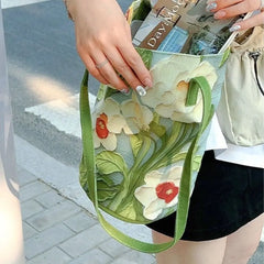 Women’s embroidered casual tote with floral pattern