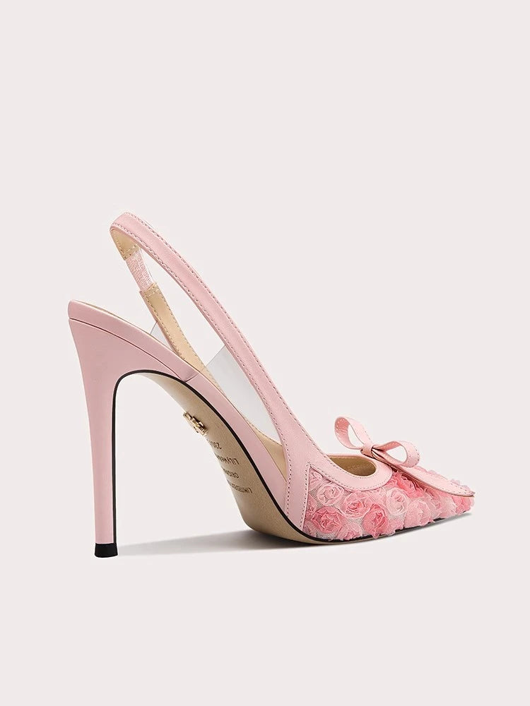 Embroidered pointed party sandals in pink cotton with bow