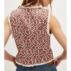Y2K red and white flower button tank top with lace detail