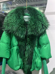 Emerald green duck down winter jacket with real fur collar