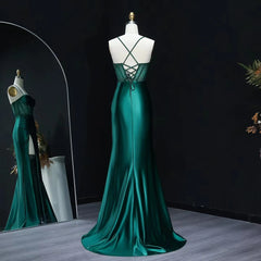 Backless detail on beaded satin mermaid prom gown