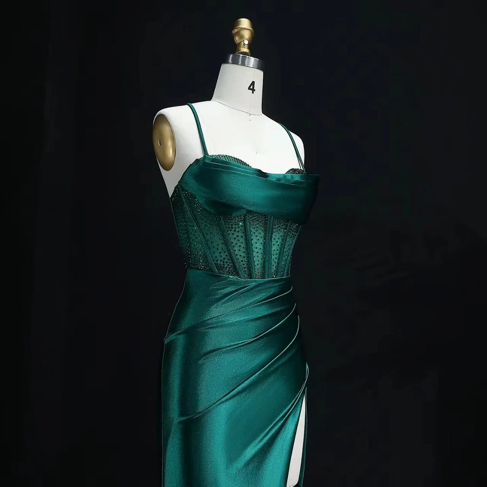 Close-up of beaded bodice with sweetheart neckline and slim straps