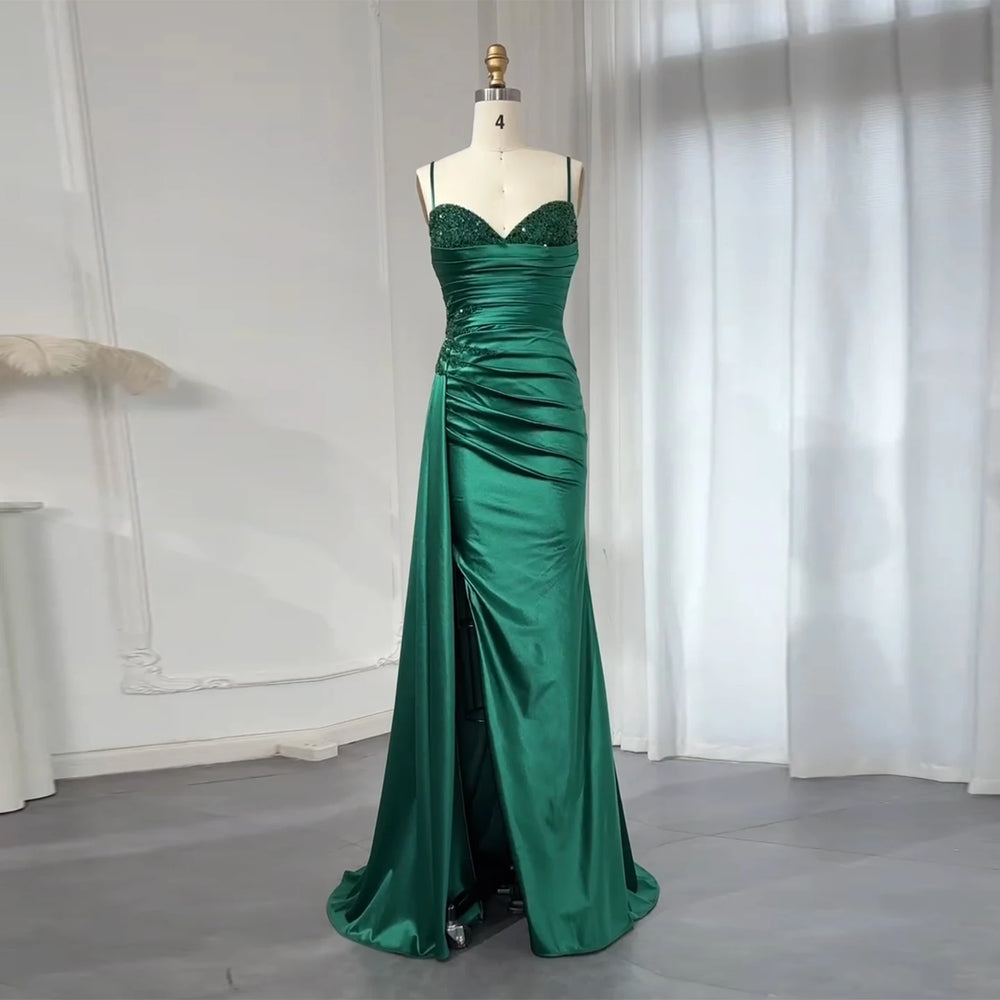 Sweetheart satin mermaid prom gown with draped skirt on mannequin