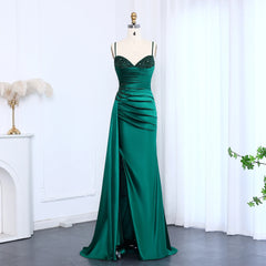 Full-length satin mermaid evening gown with sweep train