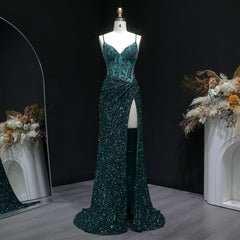 Floor-length embellished prom gown with fitted silhouette and side slit