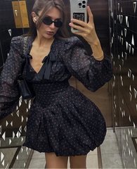 Empire waist long sleeve black dot dress featured for brunch and travel