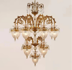 European luxury staircase pendant light with ornate copper and clear glass