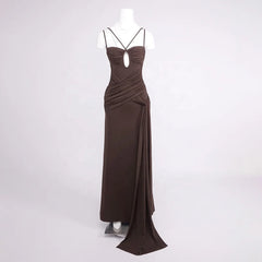 Formal gown with strappy neckline, sculpted drape, and slit opening