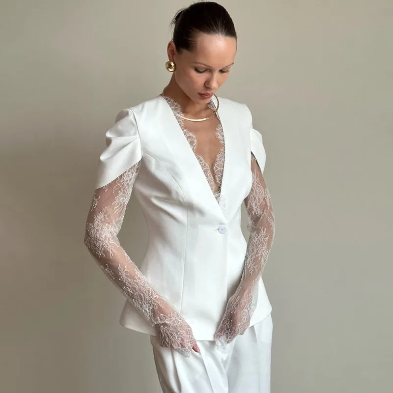 Lace sleeve blazer styled as an elevated evening layer