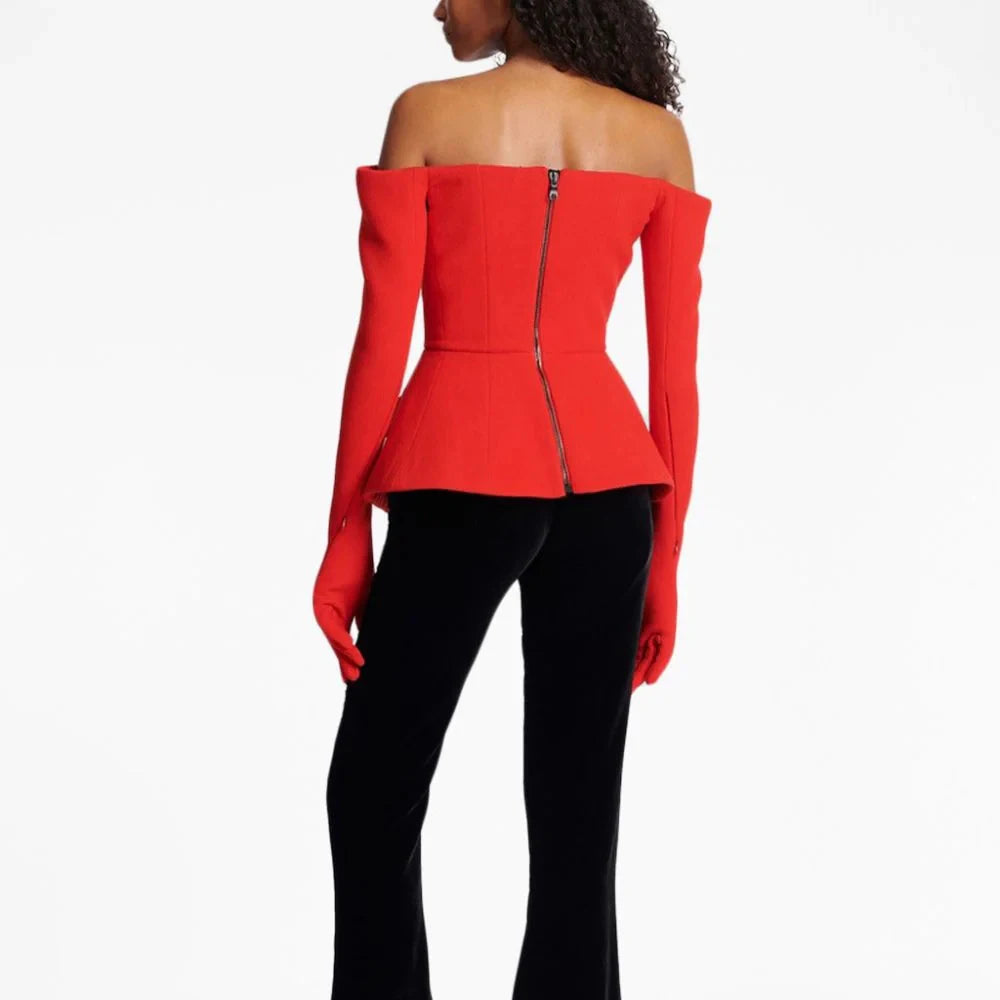 Elegant red blazer designed with an off-shoulder frame