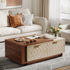 wood extendable coffee table with storage drawers in living room
