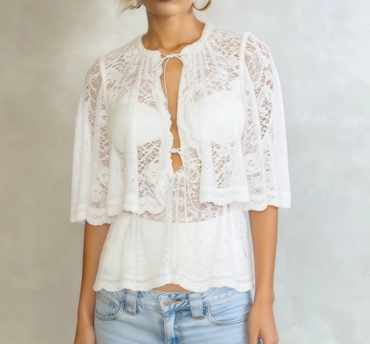 White lace cape blouse styled with denim and a bralette