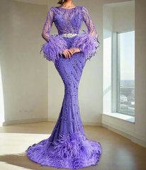 Purple Mermaid Beaded Feathers Floor Long Prom Dress