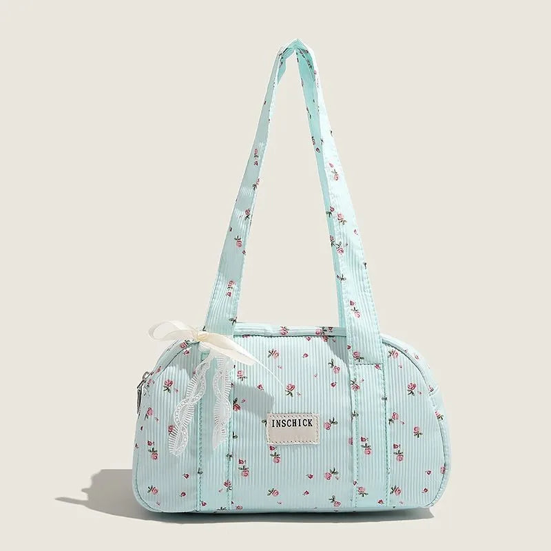 Light blue fairycore floral tote bag with lace detail and zipper closure
