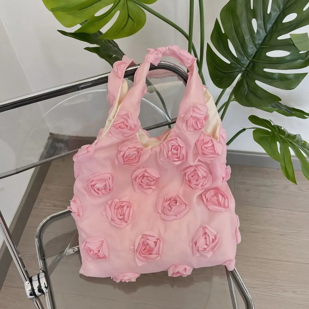 Fairycore pink shoulder bag with 3D rose embellishments