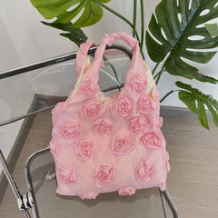 Fairycore pink shoulder bag with 3D rose embellishments