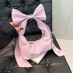 Fairycore pink PU leather shoulder bag with oversized bow and rivets