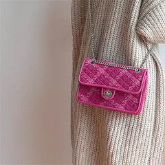 Square pink tweed handbag for women with cover closure